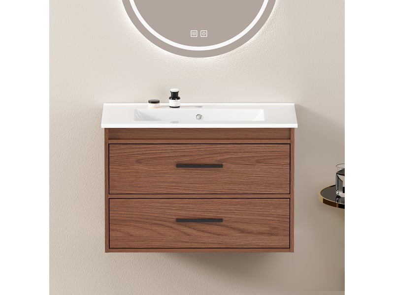  Meuble de salle de bains 2 tiroirs de rangement - lpospi - mdf résistant à l’humidité marron rouge 75 cm  - Conforama B