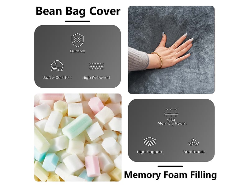  Pouf poire - pouf rond de 1,80 m, garnissage en mousse à mémoire de forme, pour adultes et adolescents, canapé moelleux, gris  - Conforama E