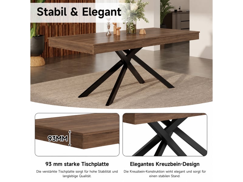  Table à manger extensible 140-180x80 cm pour 6 à 8 personnes, plateau épais, pieds croisés en métal, mdf effet noyer, salle à manger  - Conforama E