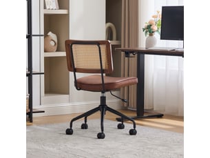 Chaise de bureau vintage en rotin et bois, fauteuil de bureau réglable avec siège en cuir pu marron, pivotant à roulettes