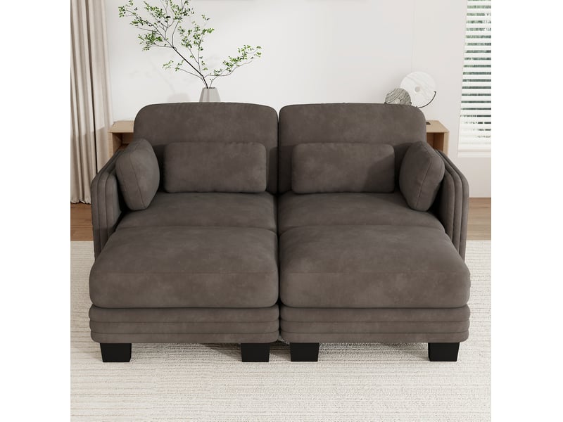  Canapé modulable 2 places en u modenvie avec 2 poufs, revêtement chenille, marron, 176 x 143 x 88 cm  - Conforama D