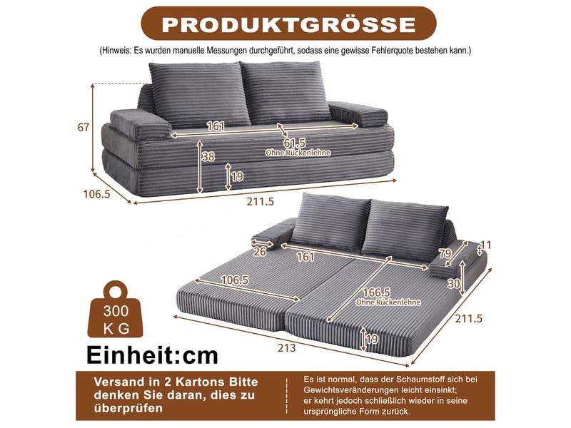  Canapé convertible 2 places en velours côtelé 211 cm, convertible sofa et lit, 2 dossiers triangulaires, 2 coussins, gris  - Conforama C