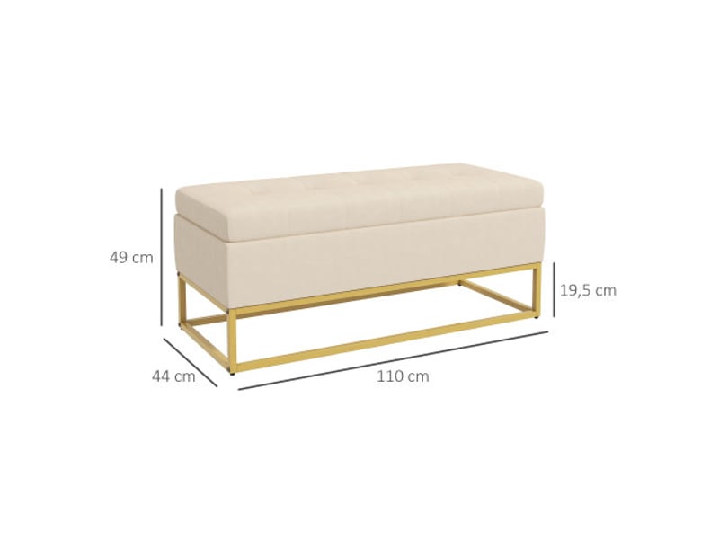  Banc coffre beige effet velours, couvercle rabattable, pieds en acier, 110x44x49 cm, entrée et salon  - Conforama B