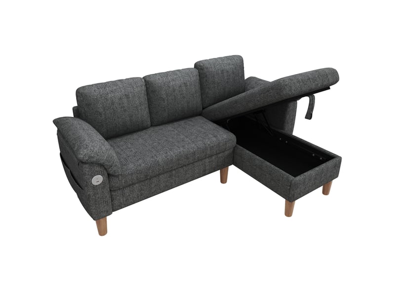  Canapé d'angle 3 places 181x125x88 cm gris foncé en chenille, méridienne réversible avec rangement  - Conforama A
