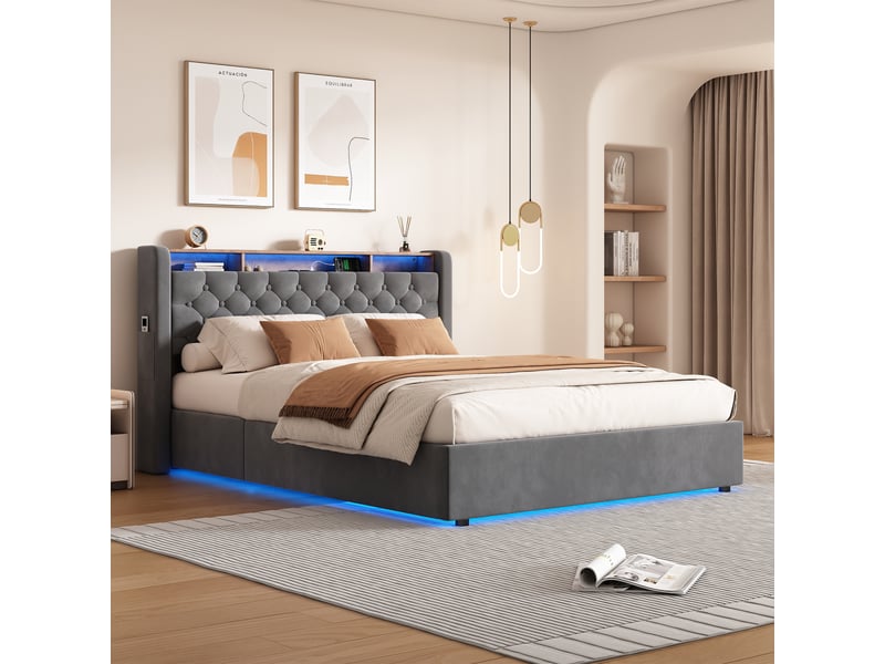  Lit coffre 140x190 cm avec led, étagère et usb gris evryae  - Conforama C