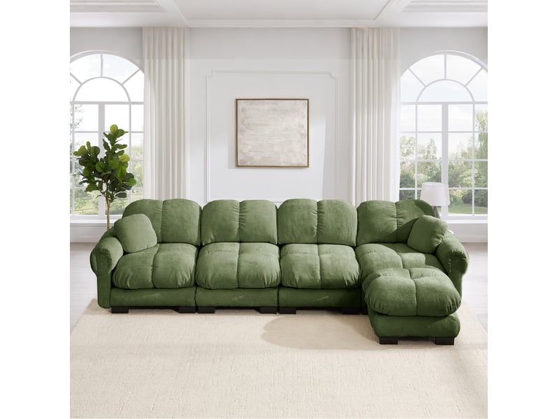Canapé d'angle fixe 4 places en tissu vert avec ottomane mobile, design matelassé pour le salon - Conforama B