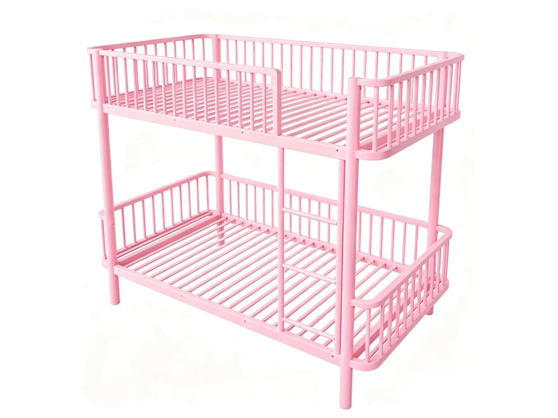  Lit superposé 90 x 200 cm structure métallique coins arrondis pieds surélevés barrière de sécurité conception gain de place finition noire et rose  - Conforama E