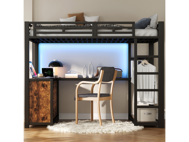  Lit mezzanine 140x200 cm noir, avec bureau, led, usb, rangements, penderie, structure métal, sommier inclus, sans matelas  - Conforama R