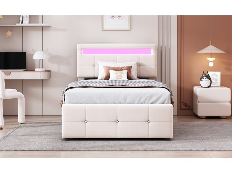  Lit enfant 90x200 cm beige velours avec éclairage led coffre hydraulique tête réglable sommier lattes inclus Sol Morn - Conforama D