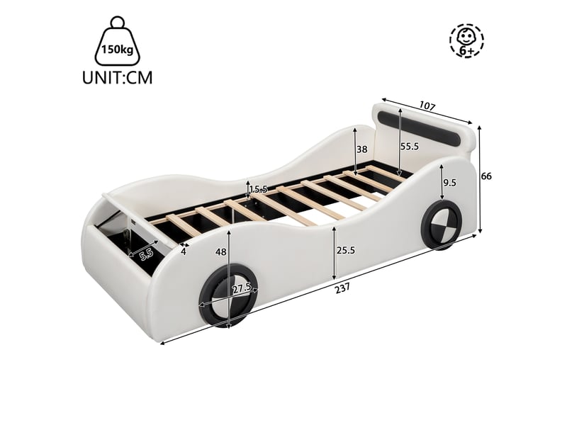  Lit enfant voiture 90 x 200 cm rembourré blanc avec roues lumineuses led, rangement au pied et sommier à lattes  - Conforama C