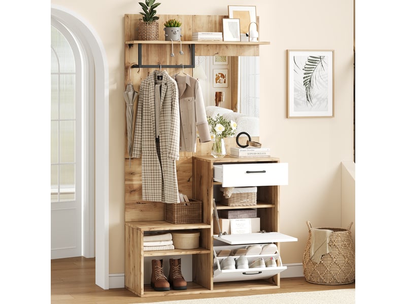 Vestiaire d'entrée avec banc à chaussures et miroir, meuble de couloir compact 100cm, porte-manteau blanc et bois, rangement gain de place - Conforama E