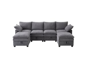 Canapé d'angle modulable 6 places 280x151 cm avec 2 poufs, rangements, usb et porte-gobelets - velours côtelé gris