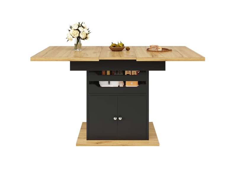  Table à manger extensible 110-140 x 80 x 76 cm rangement intégré 2 tiroirs design moderne mdf noir et naturel  - Conforama A