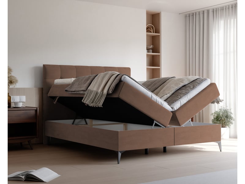 Lit coffre bailey - 140x200 cm - avec matelas et surmatelas - velours dense - marron clair BAILEY - Conforama C