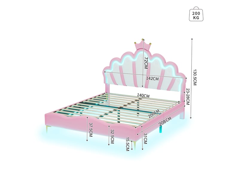  Lit double 140x200,lit princesse,lit de couronne,tête de lit en forme de couronne,bande lumineuse led réglable,pu,rose  - Conforama C