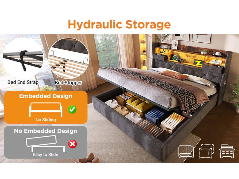  Lit 140x200 cm avec coffre hydraulique et led intégrée – sommier et matelas inclus, tissu gris  - Conforama D