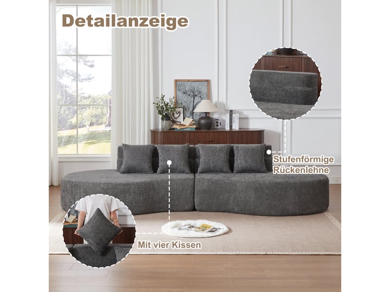  Canapé modulable 310 cm en mousse haute densité, 2 modules sans cadre, housse en chenille amovible et lavable, design minimaliste - gris  - Conforama D