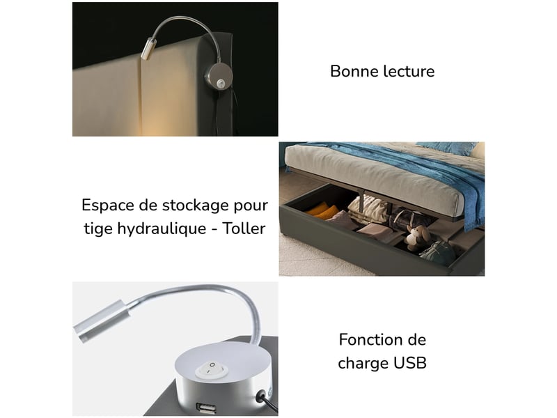  Lit double rembourré 160x200 cm avec coffre de rangement, tête de lit avec liseuse et fonction de charge, sommier à lattes, revêtement pu, sans matelas IKSETERA TRADING LTD - Conforama E