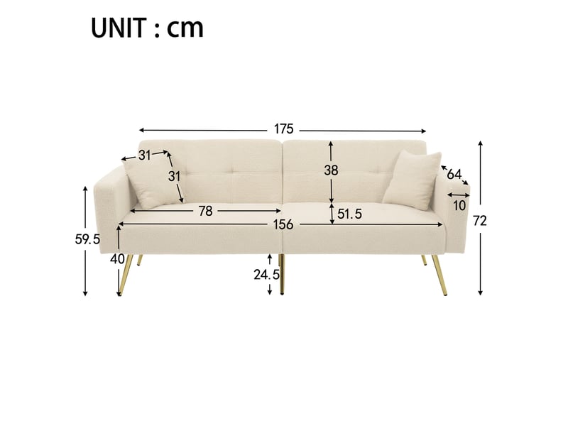  Canapé 2 places en peluche d’agneau,canapé-lit pliant réglable - pieds en métal + poches de rangement - 2 coussins - 175x64x72cm - beige 175x64x72cm - Conforama E