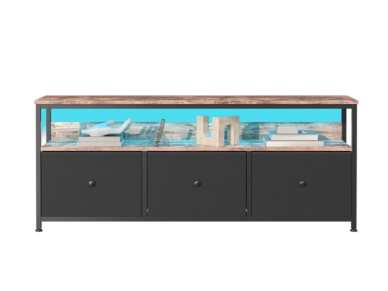  Meuble tv led 137cm meuble télé avec 3 tiroir en tissu et étagères ouvertes, cadre en acier, banc tv salon, chambre, noir  - Conforama A