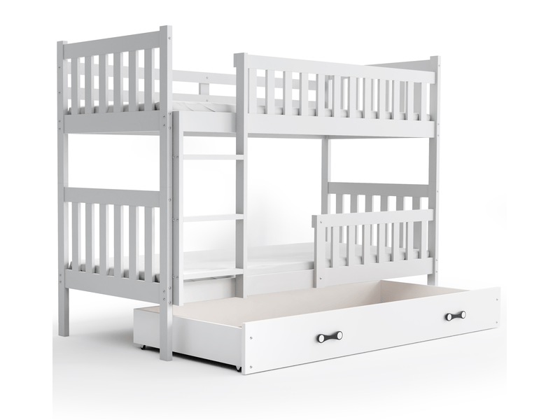 Lit superposé séparable 90x190 cm quba interbeds - bois massif de pin avec barrière, sommier, tiroir - blanc - Conforama A