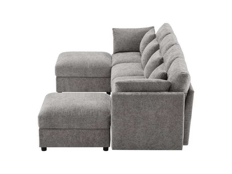  Canapé d'angle 4 places en chenille gris avec 2 poufs et accoudoirs réglables 90 120 180 degrés  - Conforama W