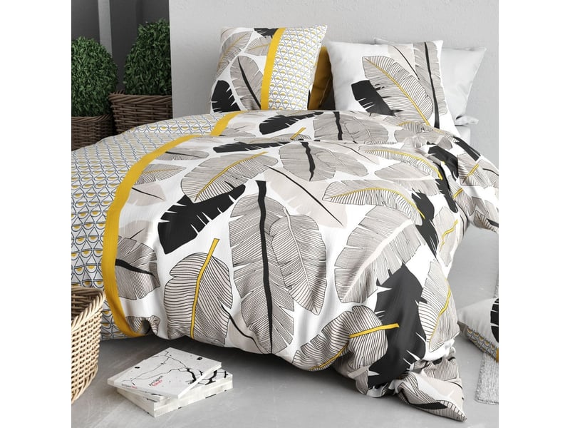  Parure housse de couette 260x240cm + 2 taies motif palmiers noir et jaune 100% coton - amarante AMARANTE - Conforama B