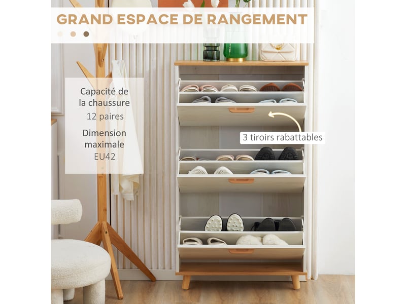  Meuble à chaussures style scandinave 3 abattants 70 x 23,5 x 122 cm blanc  - Conforama E