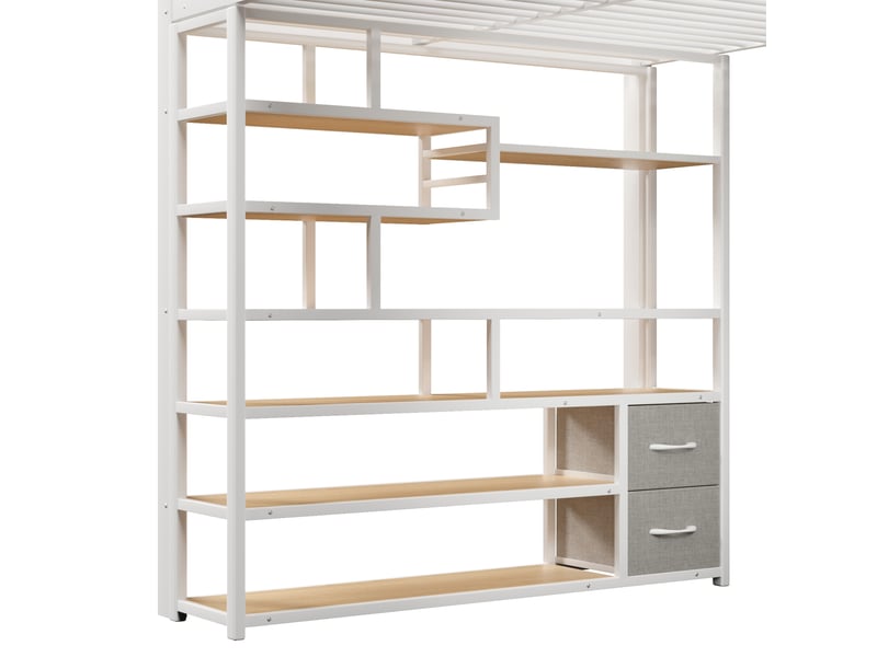  Lit mezzanine enfant 140x200 cm blanc métal et mdf, escalier avec rangement et bande led multicolore  - Conforama E