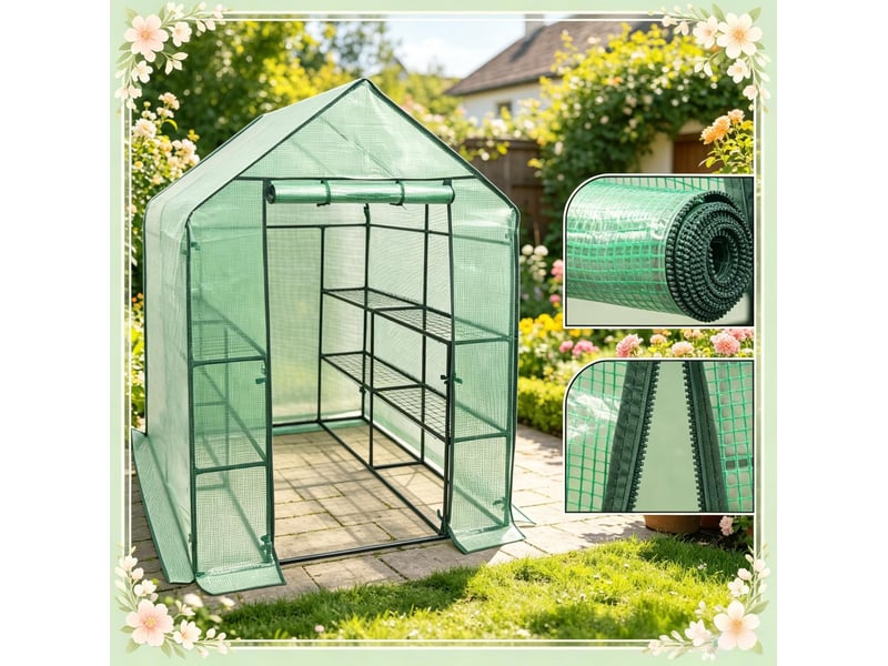  Serre de jardin 143x143x195 cm – verte – porte zippée, film pe protecteur pour plantes et tomates sensibles  - Conforama E