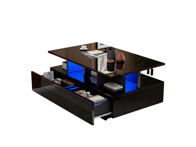  Table basse, avec éclairage led, avec 2 tiroirs, 90 x 55 x h 41 cm, noir, structure en panneau de particules, style moderne, pour votre salon Luxe haut de gamme - Conforama A