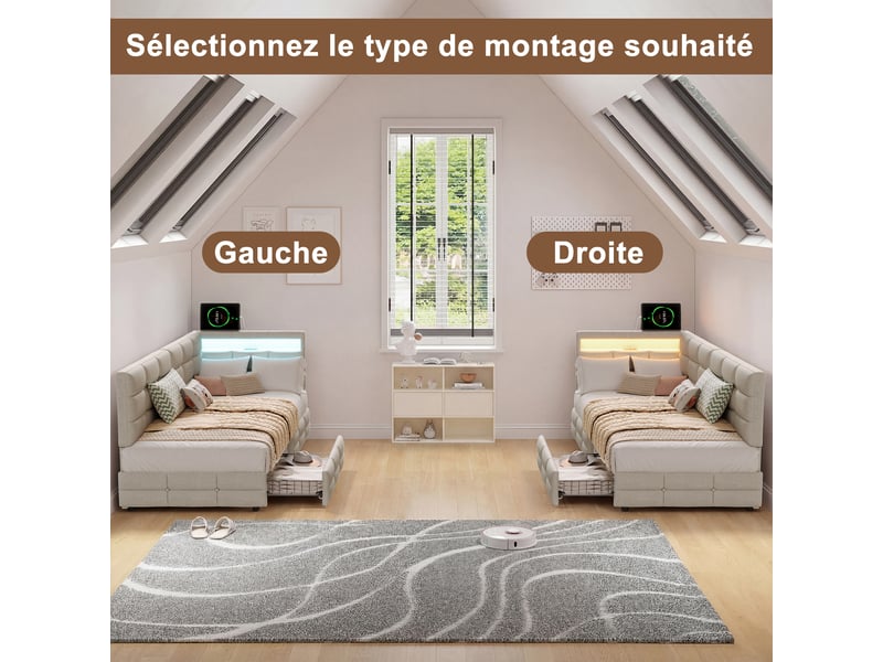  Lit jeune 90x200 avec rangement, lit simple pour adolescent avec led et usb lit banquette avec 2 tiroirs et tête de lit rembourrée beige lin, sans matelas  - Conforama E