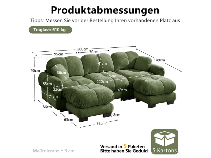 Canapé modulable 3 places en tissu vert avec ottomane mobile et 2 coussins déco, design capitonné enveloppant - Conforama C