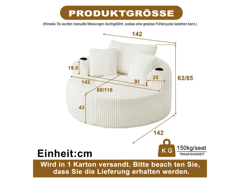 Canapé 1 place rond avec 2 porte-gobelets, 3 coussins et poches latérales, velours côtelé, beige OMNIGLINT TRADING LTD - Conforama C
