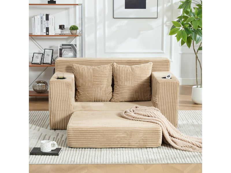  Canapé droit convertible 2 places, en velours côtelé, 2 coussins, porte-gobelet et poches latérales, 151 × 133 × 64 cm, kaki  - Conforama D