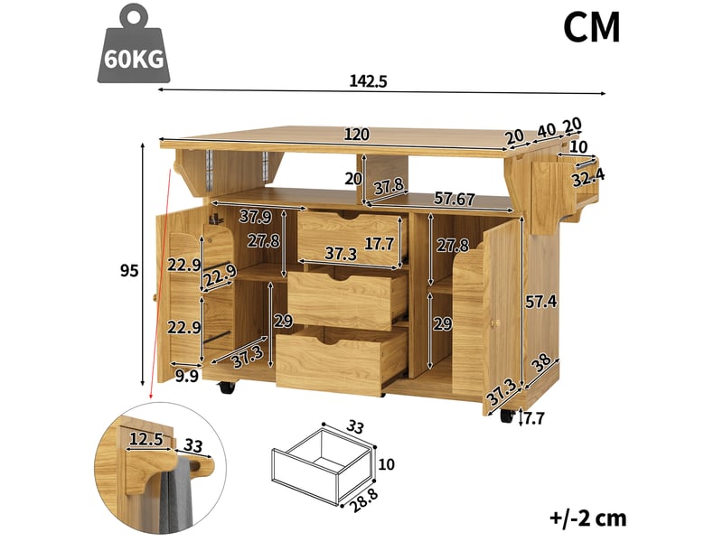  Desserte de cuisine avec rallonges 3 tiroirs mdf métal marron 142.5x80x95 cm N620CC260704A - Conforama C