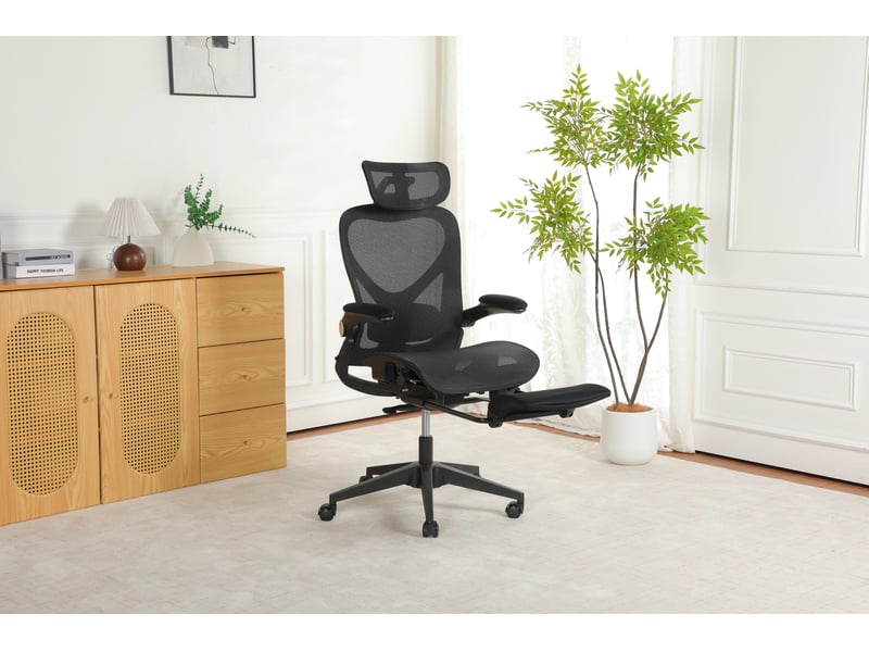  Chaise de bureau pliable avec soutien lombaire, appuie-tête 3d et repose-pieds, en maille noir 62 × 48,5 × 129 cm  - Conforama D