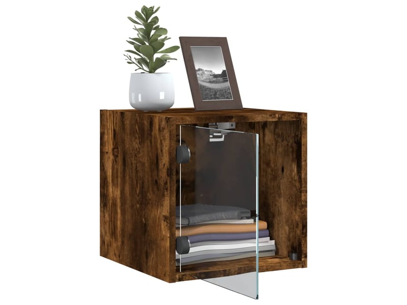  Table de chevet - cabinet de chevet - table de nuit avec porte en verre chêne fumé 35x37x35 cm  - Conforama D