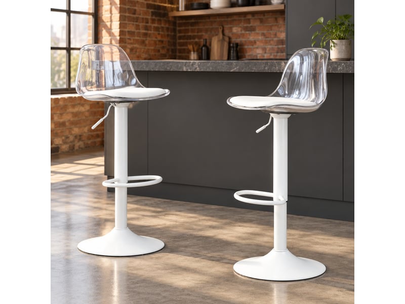  Lot de 2 tabourets de bar réglables ø 40,5 cm – transparent et blanc – rotation 360° et repose-pieds  - Conforama B