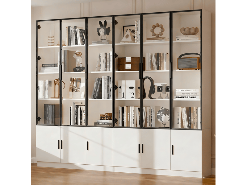  Vitrine haute blanche 240 cm en mdf et verre, 12 portes, led pilotée par application, rangement organisé  - Conforama D