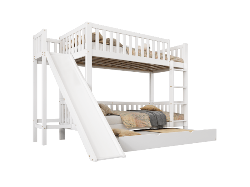  Lit superposé 90x200 cm blanc avec lit gigogne, toboggan, étagères et échelle droite  - Conforama A
