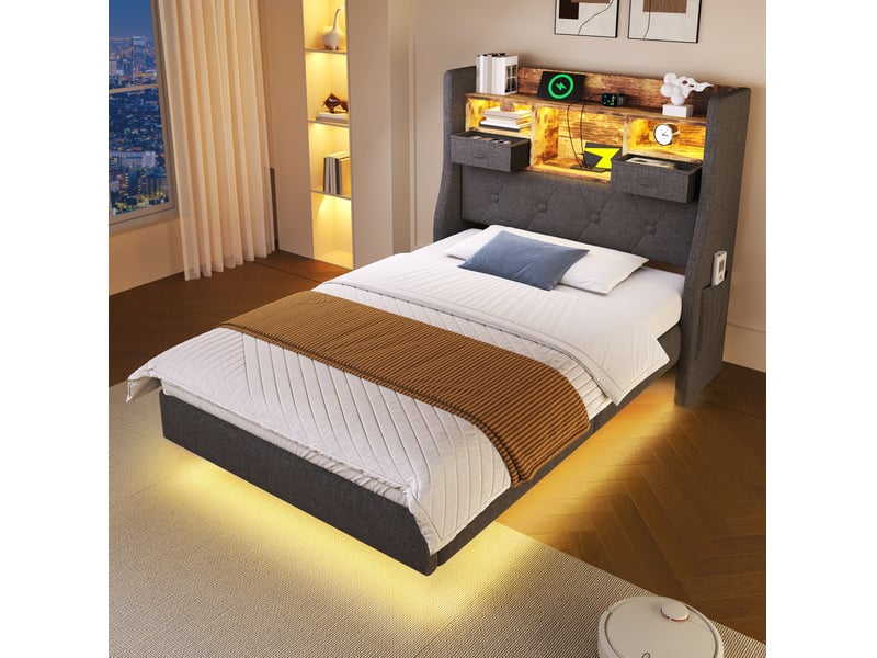  Modenvie lit 1 place 90x200 cm - led, ports usb et rangement de tete de lit - matelas inclus - gris  - Conforama E