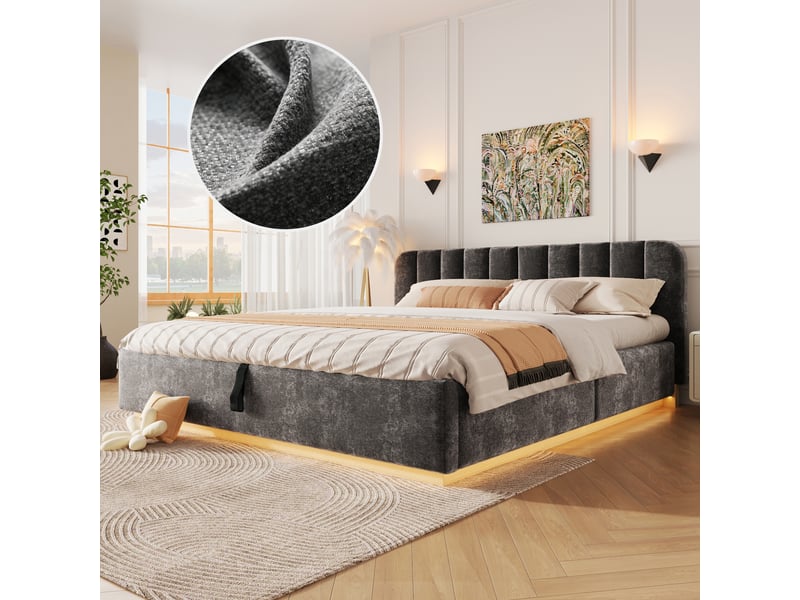 Lit coffre 180x200 cm anthracite, tissu chenille, sommier relevable hydraulique, led contrôlée par appli, sommier à lattes inclus - Conforama R