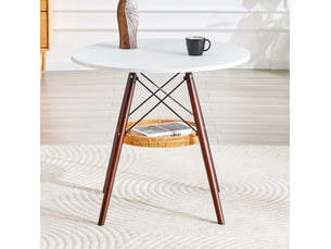 Table à manger ronde, d80 cm, avec panier de espace de rangement suspendu meuble, pratique, mdf et bois, coloris noyer