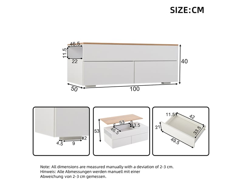  Table basse relevable 100x50 cm avec rangement caché, 2 tiroirs, bois et blanc  - Conforama C
