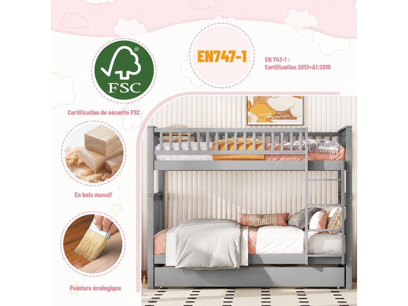  Lit superposé en bois 90x200 cm 3 en 1 convertible avec lit gigogne, barrière sécurité, échelle, sommier lattes, gris  - Conforama B