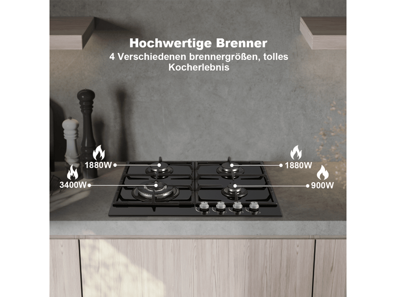  Plaque de cuisson gaz 4 feux, table de cuisson gaz 58 cm en verre trempé noir, encastrable ou indépendante, allumage électronique  - Conforama B