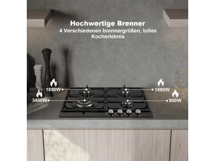 Plaque de cuisson gaz 4 feux, table de cuisson gaz 58 cm en verre trempé noir, encastrable ou indépendante, allumage électronique