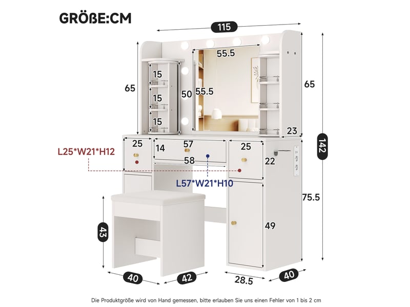  Coiffeuse 115x40x142 cm avec miroir, éclairage led, organiseur bijou rotatif, usb-c, support sèche-cheveux, blanc  - Conforama C