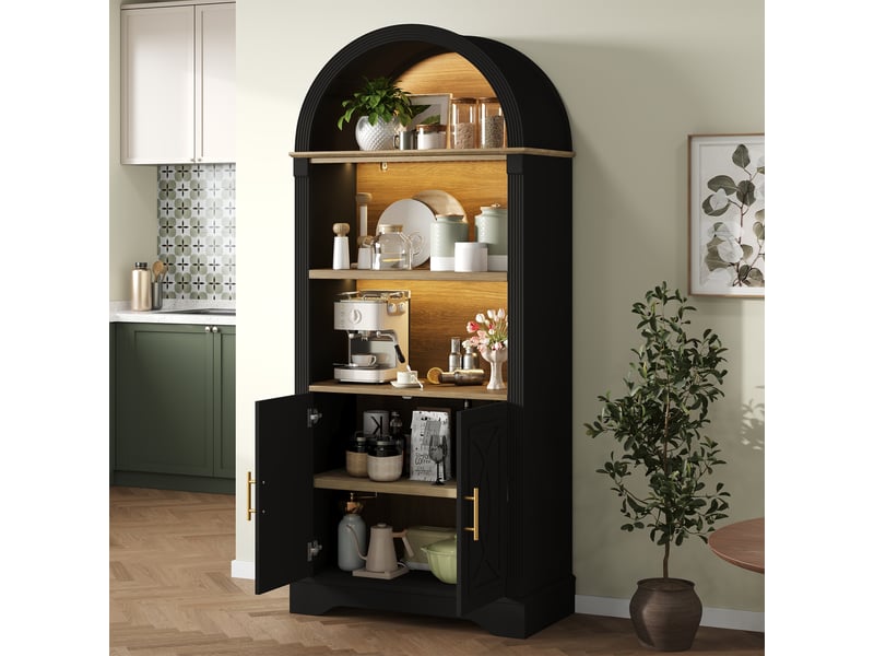  Buffet cuisine 2 portes, 76,2 x 40 x 180 cm, éclairage led, 3 niches ouvertes, étagère réglable et façades en relief, mdf, noir Morn Vibe - Conforama D